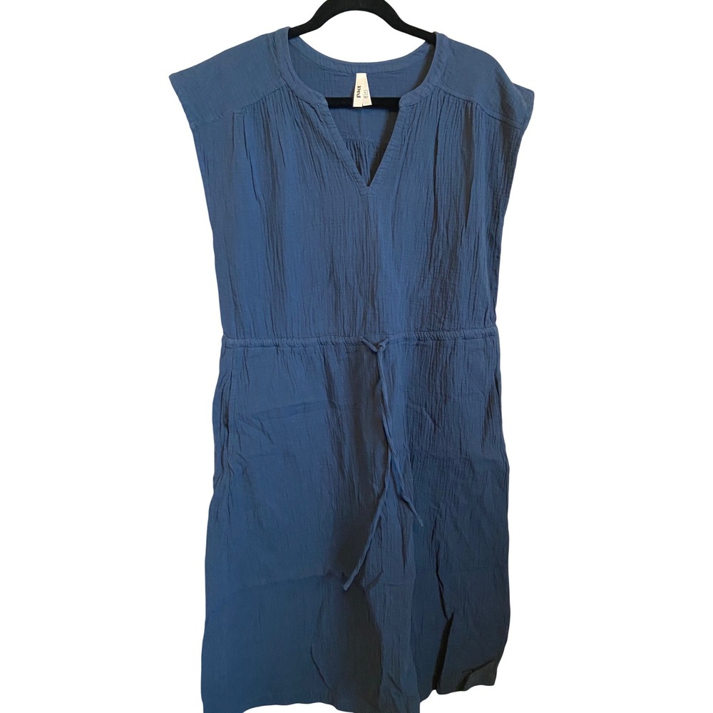 Pact‎ Organic Cotton Gauze V-Neck Drawstring Waist Pocket Dress Blue Small